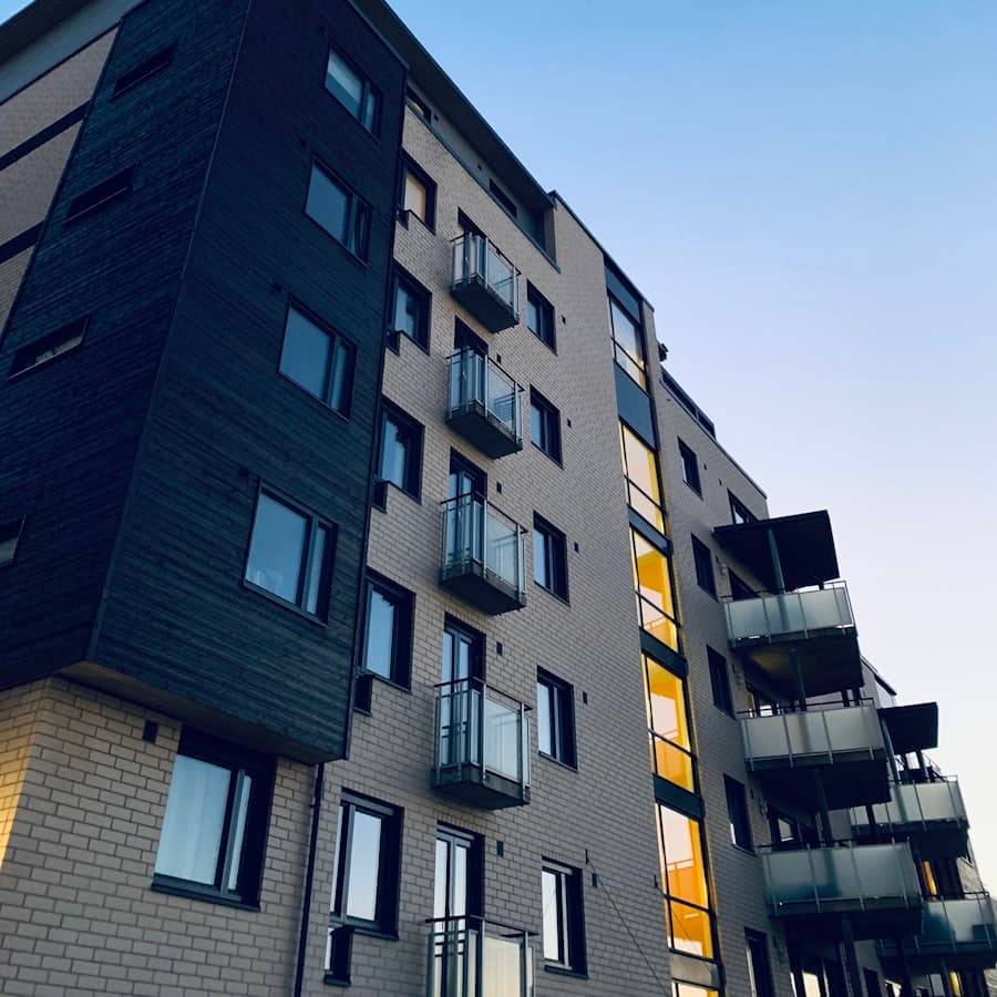 Modern apartment building viewed from below